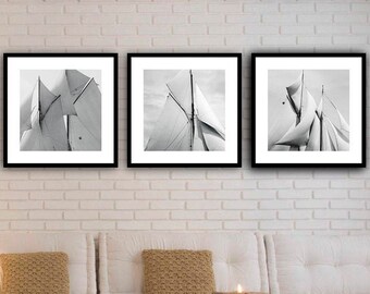 Old sails set of 3 framed 35 x 35 cm each black and white photography maritime art print picture wall vintage wall decoration