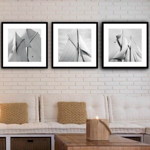 Old sails set of 3 framed 35 x 35 cm each black and white photography maritime art print picture wall vintage wall decoration image 2