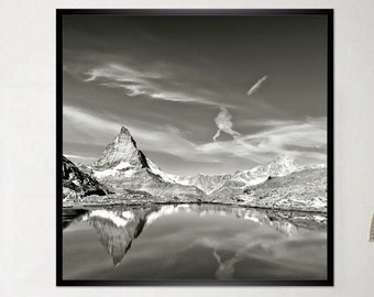 Matterhorn with reflection in Riffelsee, Zermatt Switzerland mountains analogue black and white photography, ART PRINT Poster Vintage Art