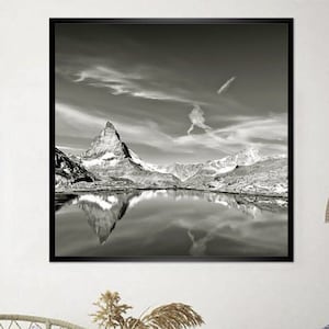 Matterhorn with reflection in Riffelsee, Zermatt Switzerland mountains analogue black and white photography, ART PRINT Poster Vintage Art image 1