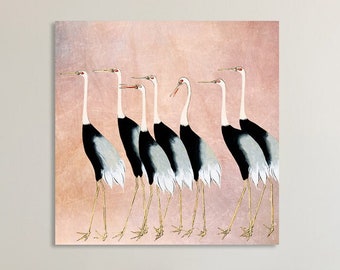 Canvas picture - cranes group - Japanese art - birds mural - print - vintage - woodcut - abstract - large format gifts