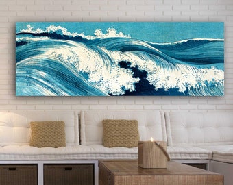 Leinwandbild Ocean Waves, Japanese Art, Abstrakt, Meer, Blau Weiß, Kunst, Holzschnitt um 1900, Großformat, Panorama Reproduktion Druck