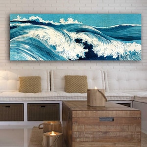 Leinwandbild Ocean Waves, Japanese Art, Abstrakt, Meer, Blau Weiß, Kunst, Holzschnitt um 1900, Großformat, Panorama Reproduktion Druck Bild 1
