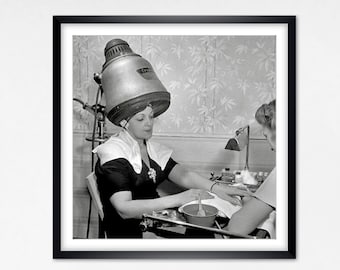 Art Print Poster - Manicure and Hair Styling 1942 - Beauty - Hairdresser - Cosmetics Dryer Hood Historical Black White Photography Vintage