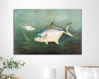 Two fish and a shrimp in the sea, based on an old vintage painting from 1880, giclée print on canvas. Colorful underwater world.