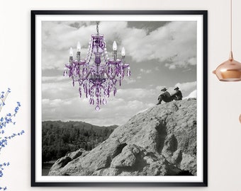 New Room Stylish collage with purple chandelier men on the mountain art print framed 60 x 60 cm vintage photo art gifts
