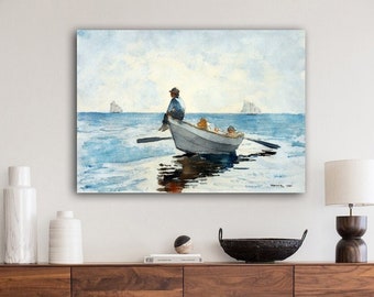 Canvas print of summer children in a rowboat on the sea, circa 1880, vintage giclée print, maritime wall decor, reproduction, gifts