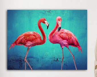 Pink Flamingos Collage Large Canvas Picture Vintage Style Art Print Birds Turquoise Emerald Green Giclee Print, Photo Painting Pictures - Gifts