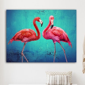 Collage de flamants roses, grande toile, impression d'art de style vintage, oiseaux turquoise, vert émeraude, impression giclée, peinture photo, images Cadeaux image 1