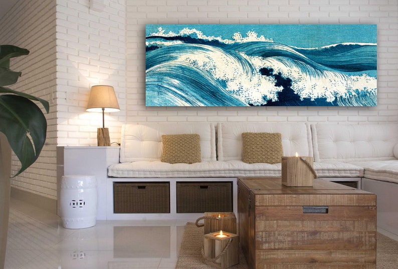 Leinwandbild Ocean Waves, Japanese Art, Abstrakt, Meer, Blau Weiß, Kunst, Holzschnitt um 1900, Großformat, Panorama Reproduktion Druck Bild 1