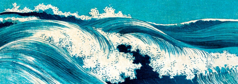 Leinwandbild Ocean Waves, Japanese Art, Abstrakt, Meer, Blau Weiß, Kunst, Holzschnitt um 1900, Großformat, Panorama Reproduktion Druck Bild 3