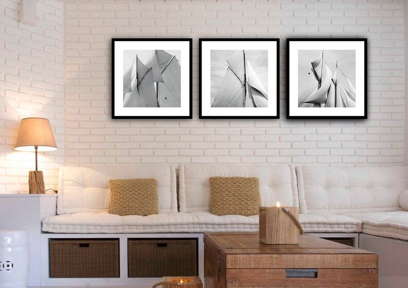 Old sails set of 3 framed 35 x 35 cm each black and white photography maritime art print picture wall vintage wall decoration image 2