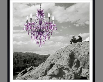 Framed surreal photo collage | Fine art print, black and white with purple chandelier | Vintage wall art | Art collage | Made in Germany