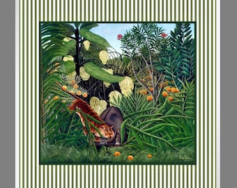 ART PRINT Poster - Tiger and Buffalo in the Jungle - with striped texture in different colors - Henri Rousseau Vintage Wall Decoration