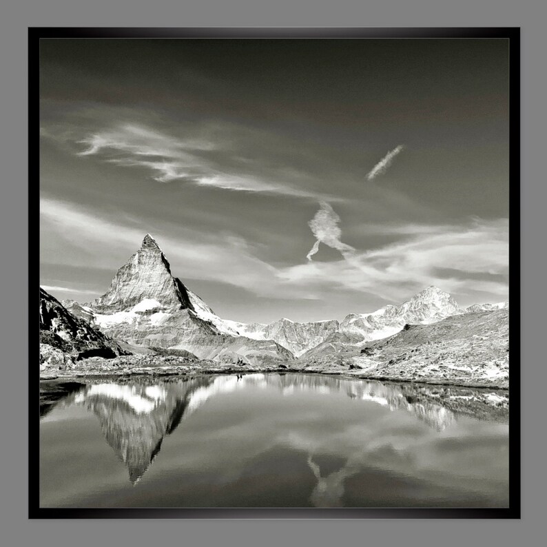 Matterhorn with reflection in Riffelsee, Zermatt Switzerland mountains analogue black and white photography, ART PRINT Poster Vintage Art image 2