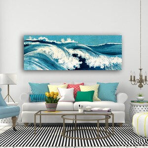 Leinwandbild Ocean Waves, Japanese Art, Abstrakt, Meer, Blau Weiß, Kunst, Holzschnitt um 1900, Großformat, Panorama Reproduktion Druck Bild 5