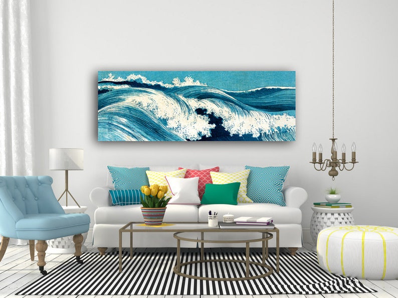 Leinwandbild Ocean Waves, Japanese Art, Abstrakt, Meer, Blau Weiß, Kunst, Holzschnitt um 1900, Großformat, Panorama Reproduktion Druck Bild 5