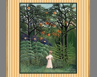 ART PRINT Poster - Woman in an Exotic Forest - with striped texture in different colors - Henri Rousseau Vintage Wall Decoration