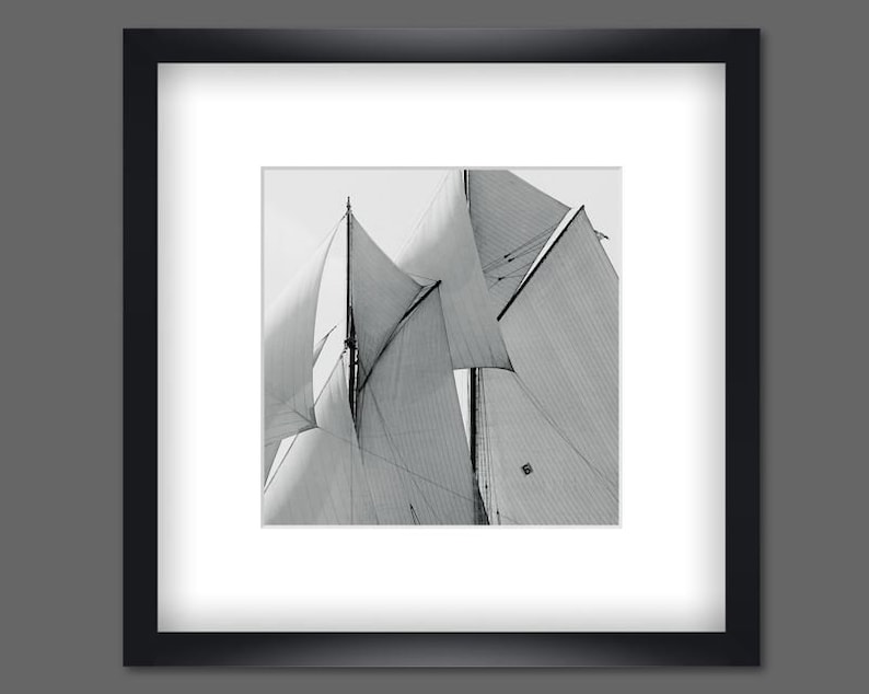 Old sails set of 3 framed 35 x 35 cm each black and white photography maritime art print picture wall vintage wall decoration image 4