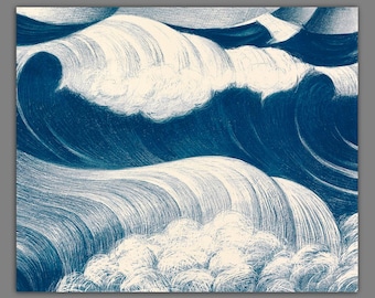 Blue white waves after an old painting ca. 1917 abstract sea lake maritime navy blue vintage style reproduction on artist canvas