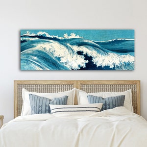 Leinwandbild Ocean Waves, Japanese Art, Abstrakt, Meer, Blau Weiß, Kunst, Holzschnitt um 1900, Großformat, Panorama Reproduktion Druck Bild 4