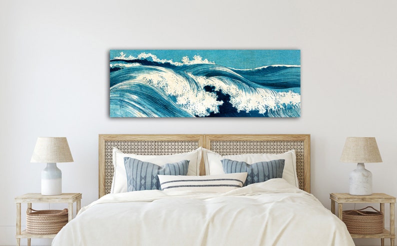 Leinwandbild Ocean Waves, Japanese Art, Abstrakt, Meer, Blau Weiß, Kunst, Holzschnitt um 1900, Großformat, Panorama Reproduktion Druck Bild 4