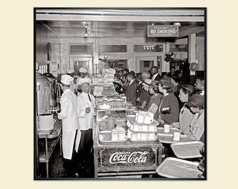 1930s - Many people in a cafe, bistro, canteen, New York 1937 - Kitchen art print - Vintage - Historical black and white photography