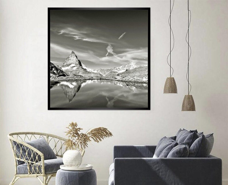 Matterhorn with reflection in Riffelsee, Zermatt Switzerland mountains analogue black and white photography, ART PRINT Poster Vintage Art image 1