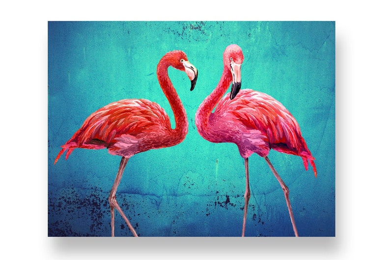 Collage de flamants roses, grande toile, impression d'art de style vintage, oiseaux turquoise, vert émeraude, impression giclée, peinture photo, images Cadeaux image 2