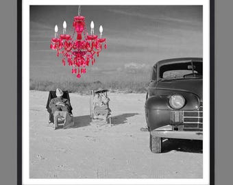 Framed surreal photo collage | Fine art print, black and white with pink chandelier | Vintage wall art | Classic car art