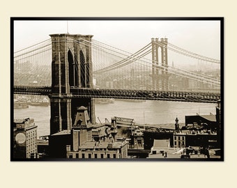 Ponte di Brooklyn New York 1908 STAMPA ARTISTICA Poster storico fotografia in bianco nero seppia immagini vintage