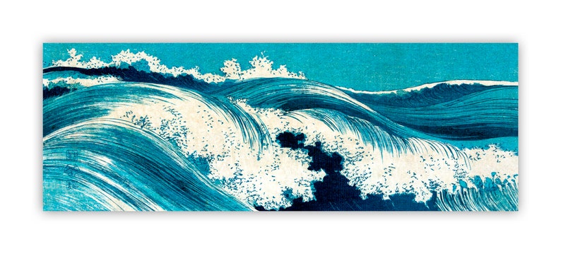 Leinwandbild Ocean Waves, Japanese Art, Abstrakt, Meer, Blau Weiß, Kunst, Holzschnitt um 1900, Großformat, Panorama Reproduktion Druck Bild 2