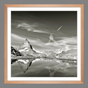 Matterhorn with reflection in Riffelsee, Zermatt Switzerland mountains analogue black and white photography, ART PRINT Poster Vintage Art image 6