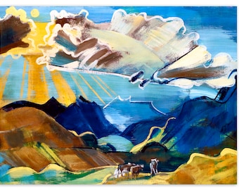 Canvas print Swiss mountains and cows after an old painting ca. 1927 abstract modern art vintage colorful mural large format reproduction