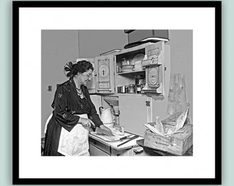 Woman in the kitchen in 1924, art print poster framed, black and white photography, framed pictures, vintage art, fine art, wall picture, kitchen picture