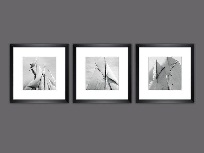Old sails set of 3 framed 35 x 35 cm each black and white photography maritime art print picture wall vintage wall decoration image 1