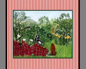ART PRINT Poster - Monkeys in the Jungle - with striped texture in different colors - Henri Rousseau Vintage Wall Decoration