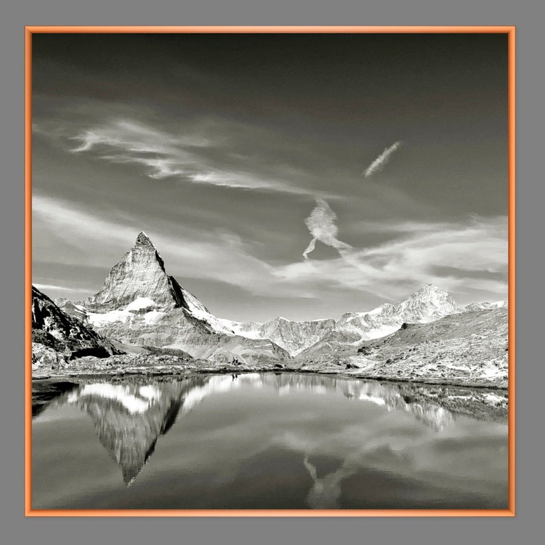 Matterhorn with reflection in Riffelsee, Zermatt Switzerland mountains analogue black and white photography, ART PRINT Poster Vintage Art image 8