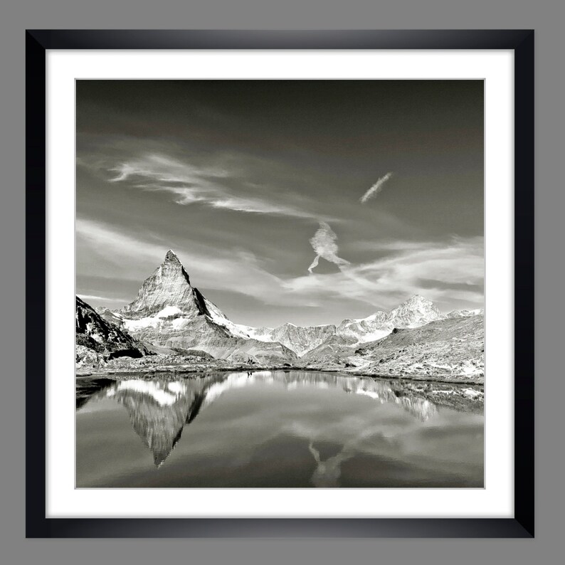 Matterhorn with reflection in Riffelsee, Zermatt Switzerland mountains analogue black and white photography, ART PRINT Poster Vintage Art image 4