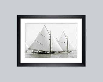Vintage Sailing Ship Regatta 1892 Cat Spaw - Framed Fine Art Print - Historical Black and White Photography - Maritime Wall Art Yacht Art