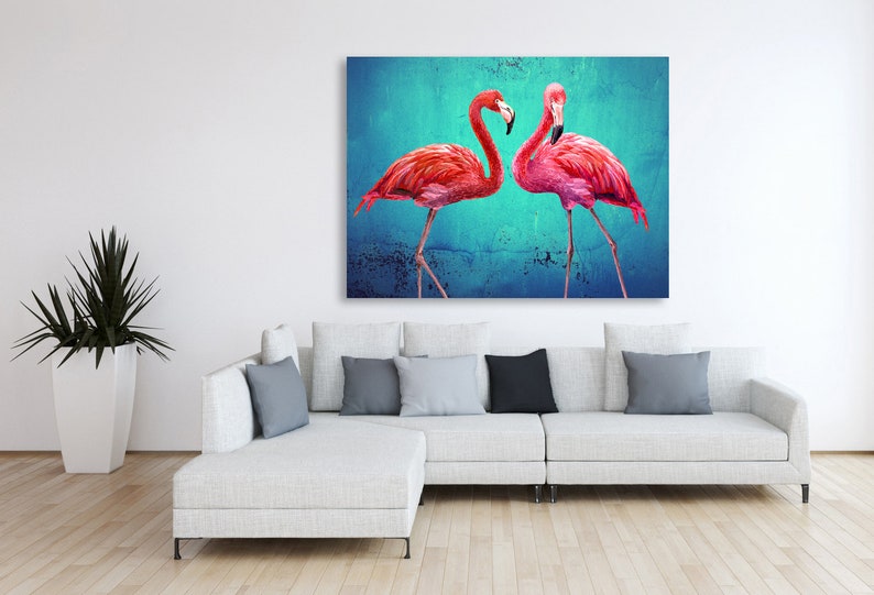 Collage de flamants roses, grande toile, impression d'art de style vintage, oiseaux turquoise, vert émeraude, impression giclée, peinture photo, images Cadeaux image 3