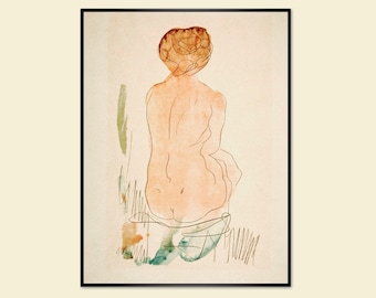 Akt KUNSTDRUCK Poster Auguste Rodin - sitzende, nackte Frau Figur Rückenansicht Vintage Bild ca.1880 - Abstrakte Malerei - French Art