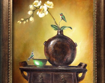 Framed Print - Still Life With Brown Vase and Green Hummingbirds -  8in x 10in