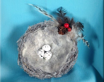 Decorative White Flocked Bird Nest with Swallow Eggs - 5 inches