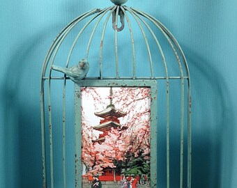Japanese Print in Green Bird Cage Frame - Red Shrine With Cherry Blossome Trees and Geishas