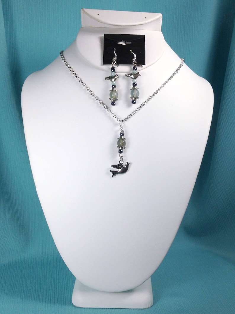 Dove and Faceted Beads sCharm Necklace Set with Matching Earrings