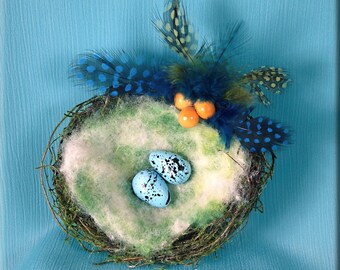 Decorative Green Moss Flocked Bird Nest with Song Thrush Eggs - 4 inches
