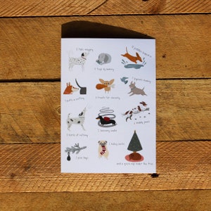 12 jours de Noël à travers les yeux des chiens, carte de chien drôle, jouet grinçant, arbre de Noël, carte de vœux, carte de Noël, festif, K9