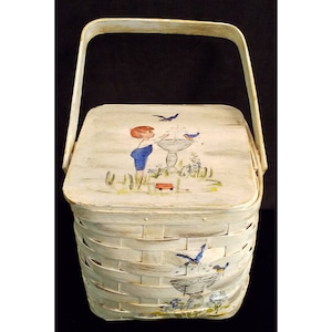 Bolso vintage tipo cesta blanco de Lindquist con pájaros.