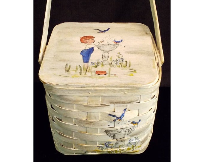Vintage white basket purse by Lindquist with birds.